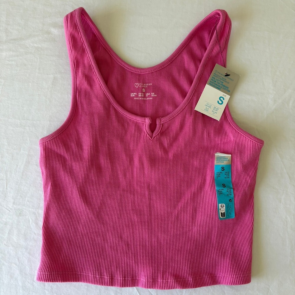 Primark Cares Hot Pink Ribbed Notch Neck Crop Tank Top Small NWT